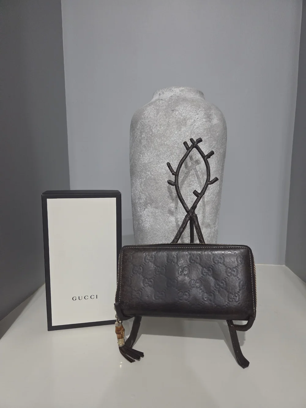 Gucci Women's Dark Brown Monogram Leather Zip Wallet with Box / COA INCLUDED